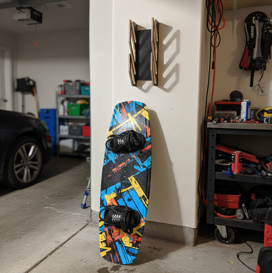 Schwarze Wandhalterung für 2 Wakeboards